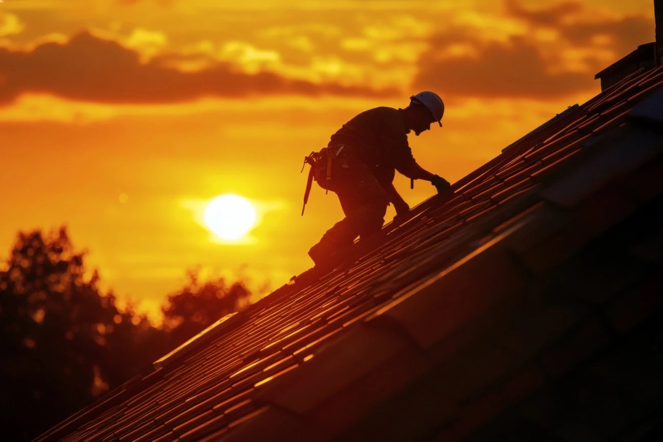 Roof house with tiled roof at sunset
